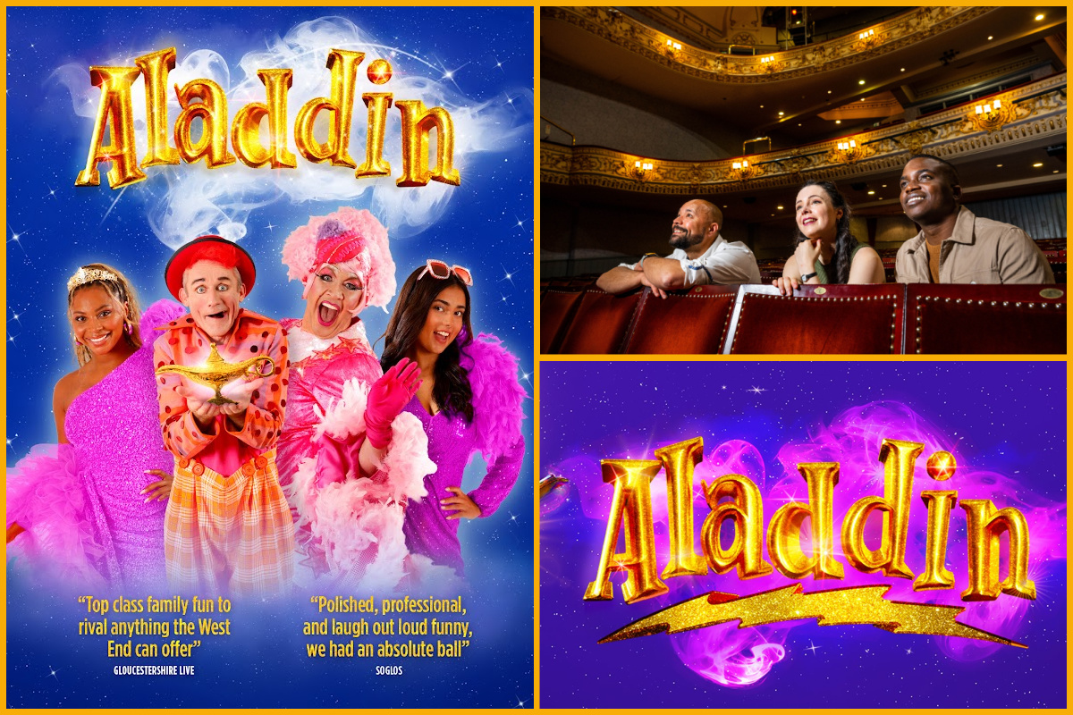 Collage of images of the Aladdin cast and poster, and guests watching a performance at Everyman Theatre Cheltenham.